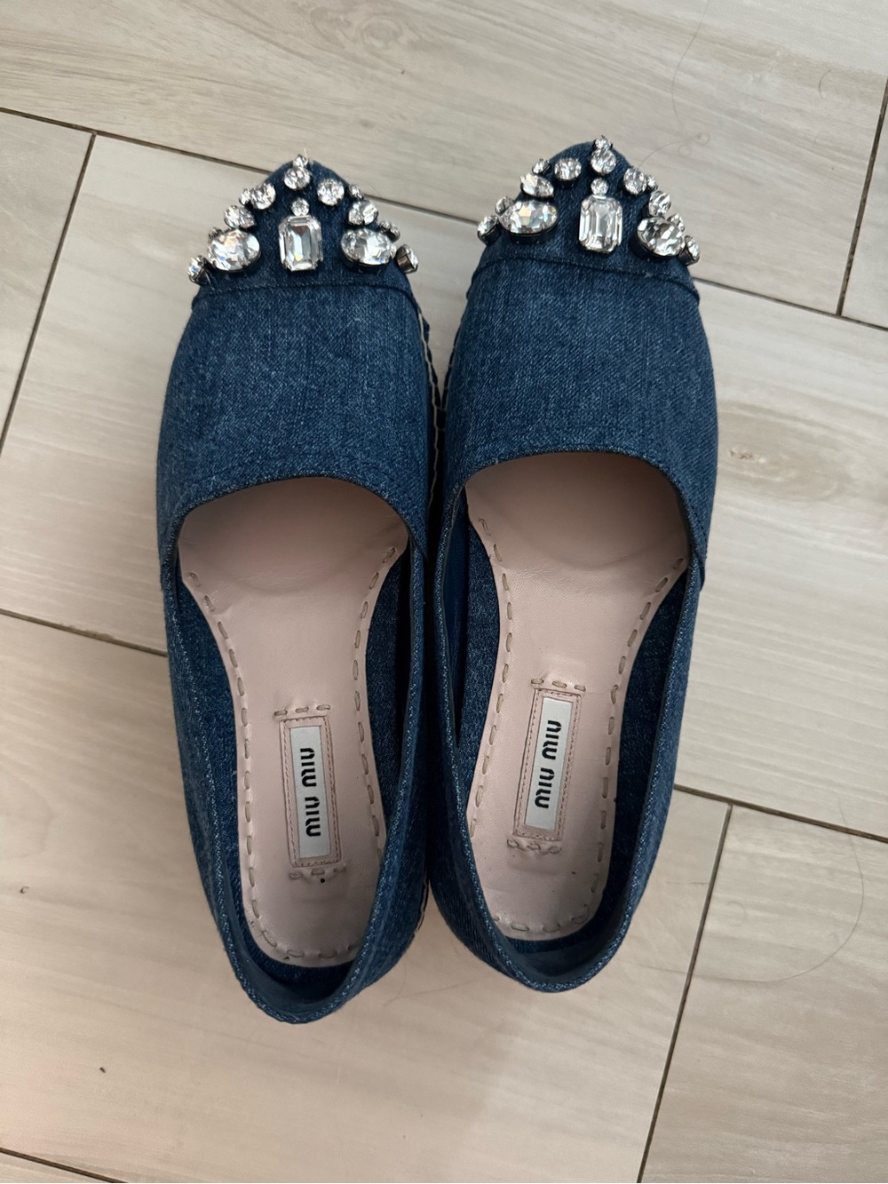 Miu Miu Denim Crystal-Embellished Ballet Flats - Blue 39.5